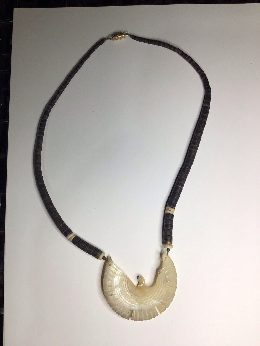 Vintage Native American Carved Mother of Pearl Thunderbird Heishi Bead Necklace